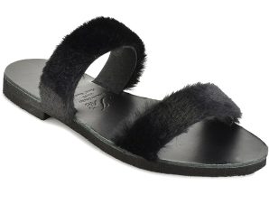 Δερμάτινη μαύρη σαγιονάρα με γούνα Iris Sandals IR12